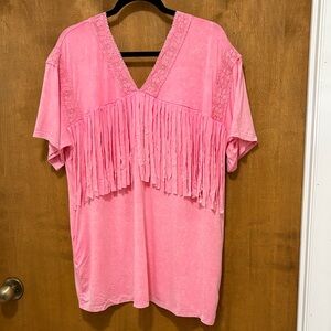 552. Blue Velvet Pink Fringe V-Neck Women’s Top